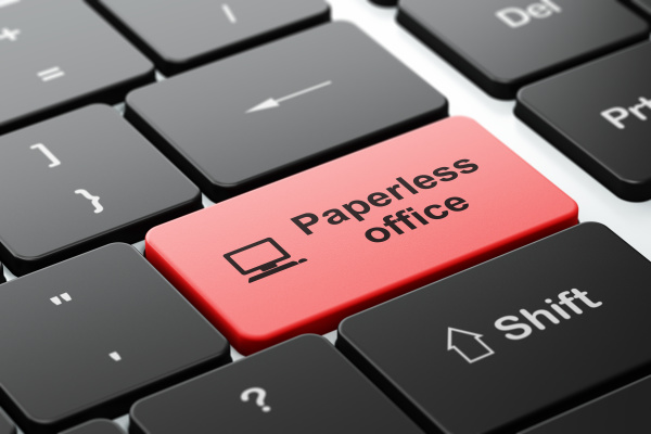 Business concept: computer keyboard with Computer Pc icon and word Paperless Office, selected focus on enter button, 3d render